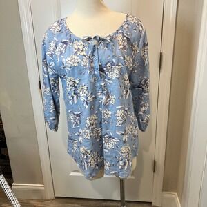 Nicole Miller Original Grande Blue Floral Tie Neck 3/4 Sleeve Tunic Top